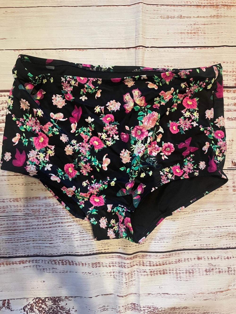 Victoria's Secret Black Floral Bikini Bottoms with Pink & Green Accents